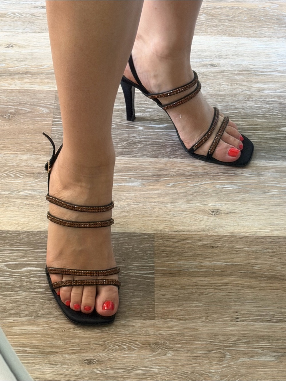 Strappy Black High Heel Escada Sandals with Bronze Accent